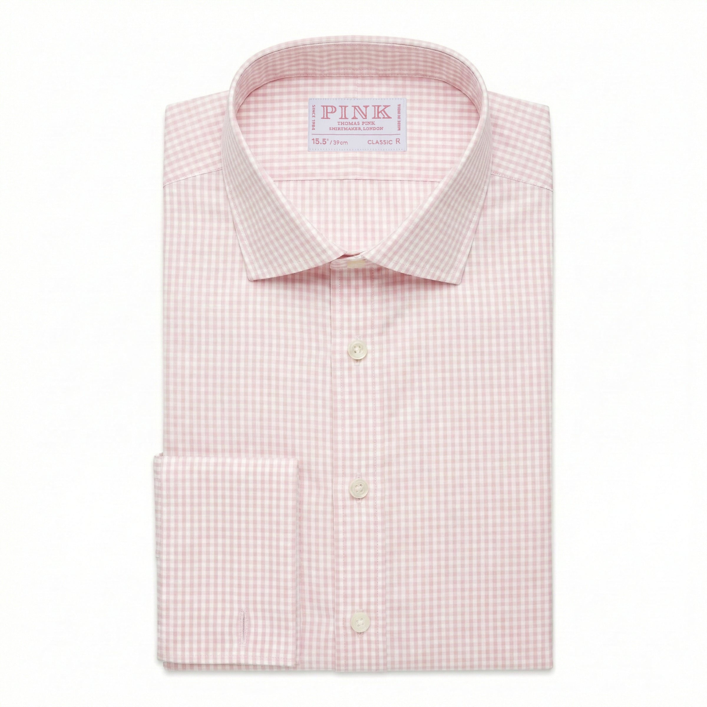 Pale Pink & White Classic Fit Double Cuff Essential Gingham Formal Shirt