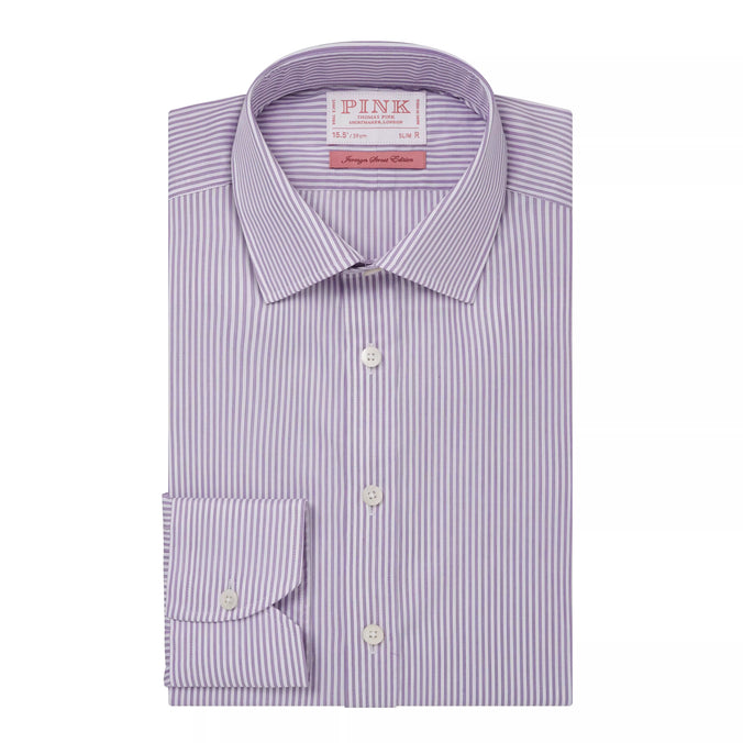 Purple & White Slim Fit Piumino Twill Stripe Formal Shirt